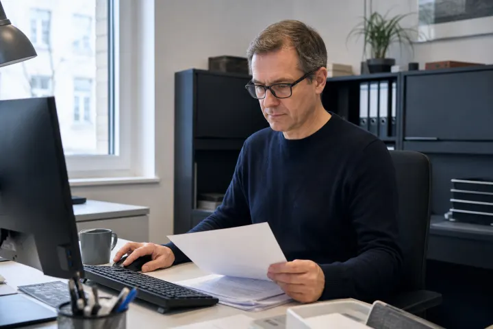 KI-generierte illustrative Darstellung eines Erwachsenen bei konzentrierter Büroarbeit mit Computer und Unterlagen.