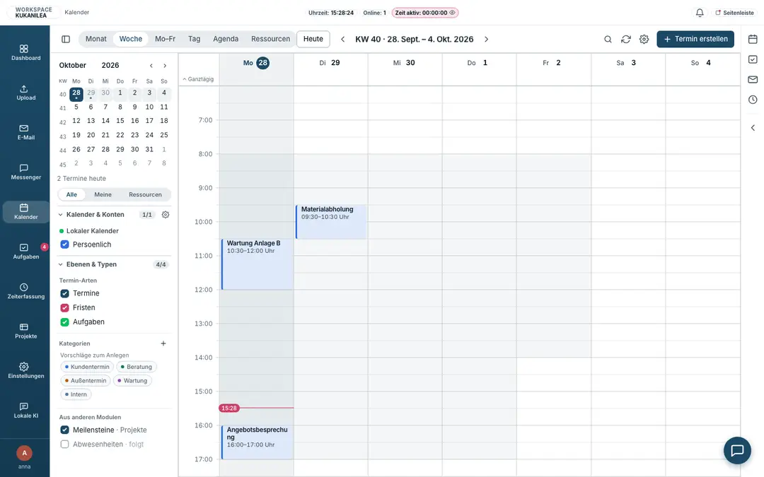 Wochenansicht des Kalenders von KUKANILEA mit drei Terminen; links Monatsübersicht, Kalender und die Ebenen Termine, Fristen und Aufgaben.