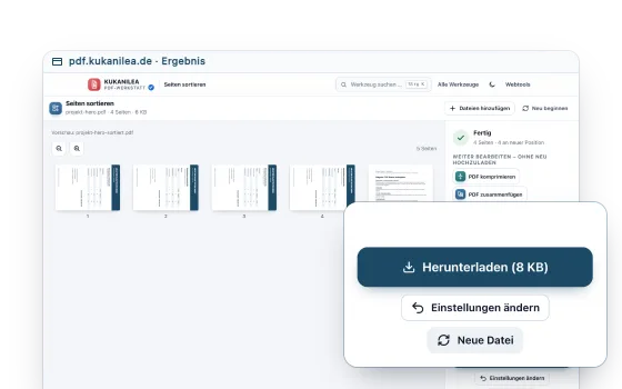 Das Ergebnis in der PDF-Werkstatt: Vorschau der neuen Datei und daneben Fertig, 4 Seiten an neuer Position, mit dem Knopf Herunterladen und Wegen zum Weiterbearbeiten, davor vergrößert der Knopf zum Herunterladen mit der Dateigröße.