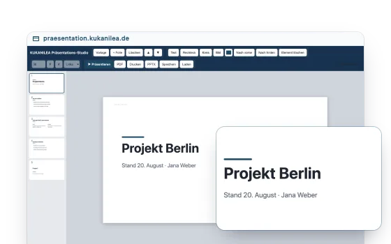 Das Präsentations-Studio mit der Vorlage Projektstatus, davor vergrößert die Titelfolie Projekt Berlin.