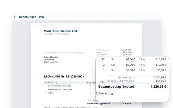 Die erste Seite der heruntergeladenen PDF-Rechnung der Muster Elektrotechnik GmbH mit drei Positionen, Umsatzsteuer und Gesamtbetrag 1.226,65 €, davor vergrößert die Summen.