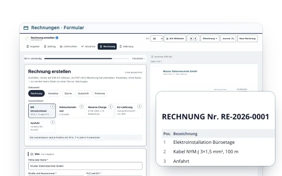Eine Beispielrechnung der Muster Elektrotechnik GmbH: links das Formular, rechts die Rechnung auf DIN A4, davor vergrößert Positionen und Summe.