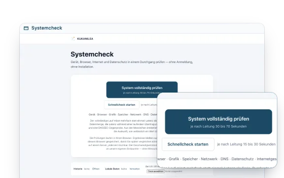 Der Systemcheck vor dem Start: Gerät, Browser, Internet und Datenschutz prüfen, davor vergrößert die beiden Einstiege mit ihrer Dauer.
