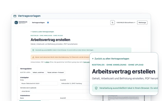Die Vertragsvorlagen mit einem geöffneten Arbeitsvertrag, davor vergrößert der Vertragstext.