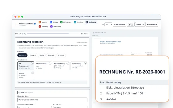 Eine Beispielrechnung der Muster Elektrotechnik GmbH: links das Formular, rechts die Rechnung auf DIN A4, davor vergrößert Positionen und Summe.