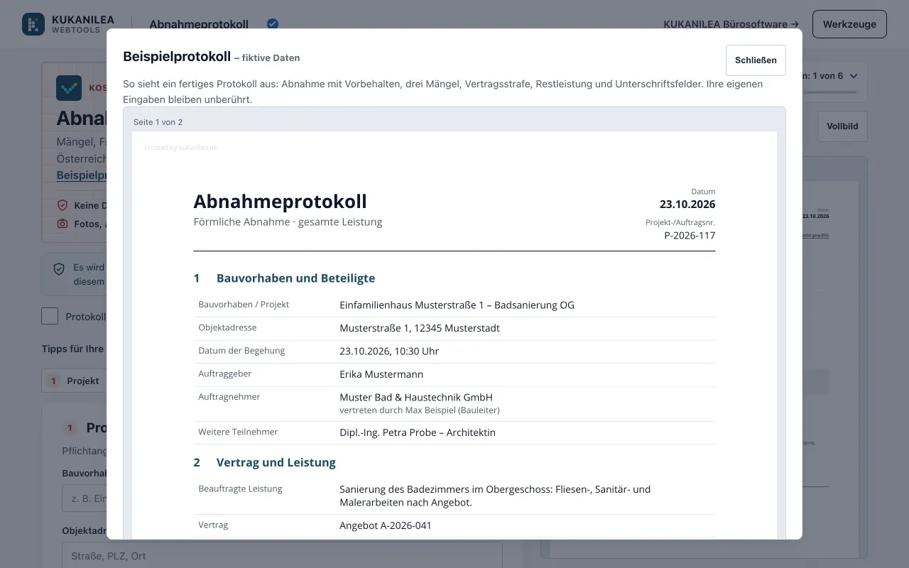 Anwendungsansicht von Abnahmeprotokoll-Generator