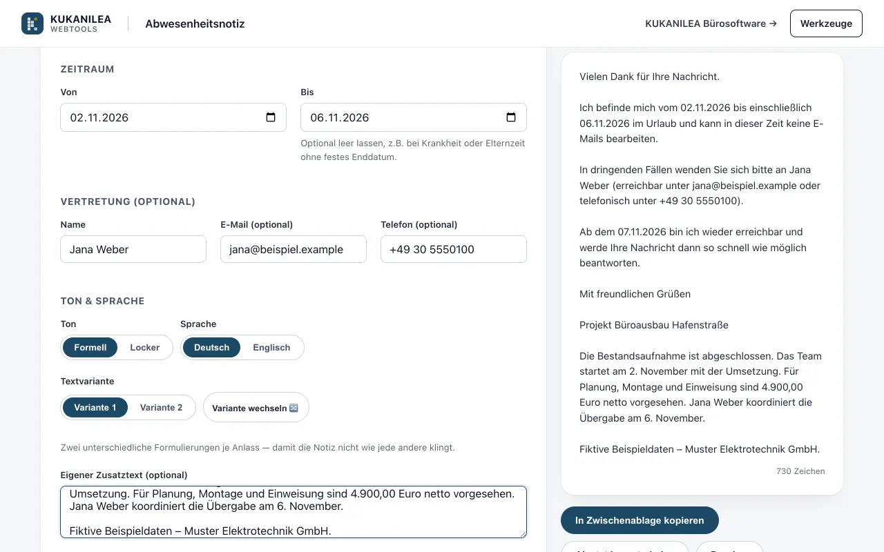 Anwendungsansicht von Abwesenheitsnotiz-Generator