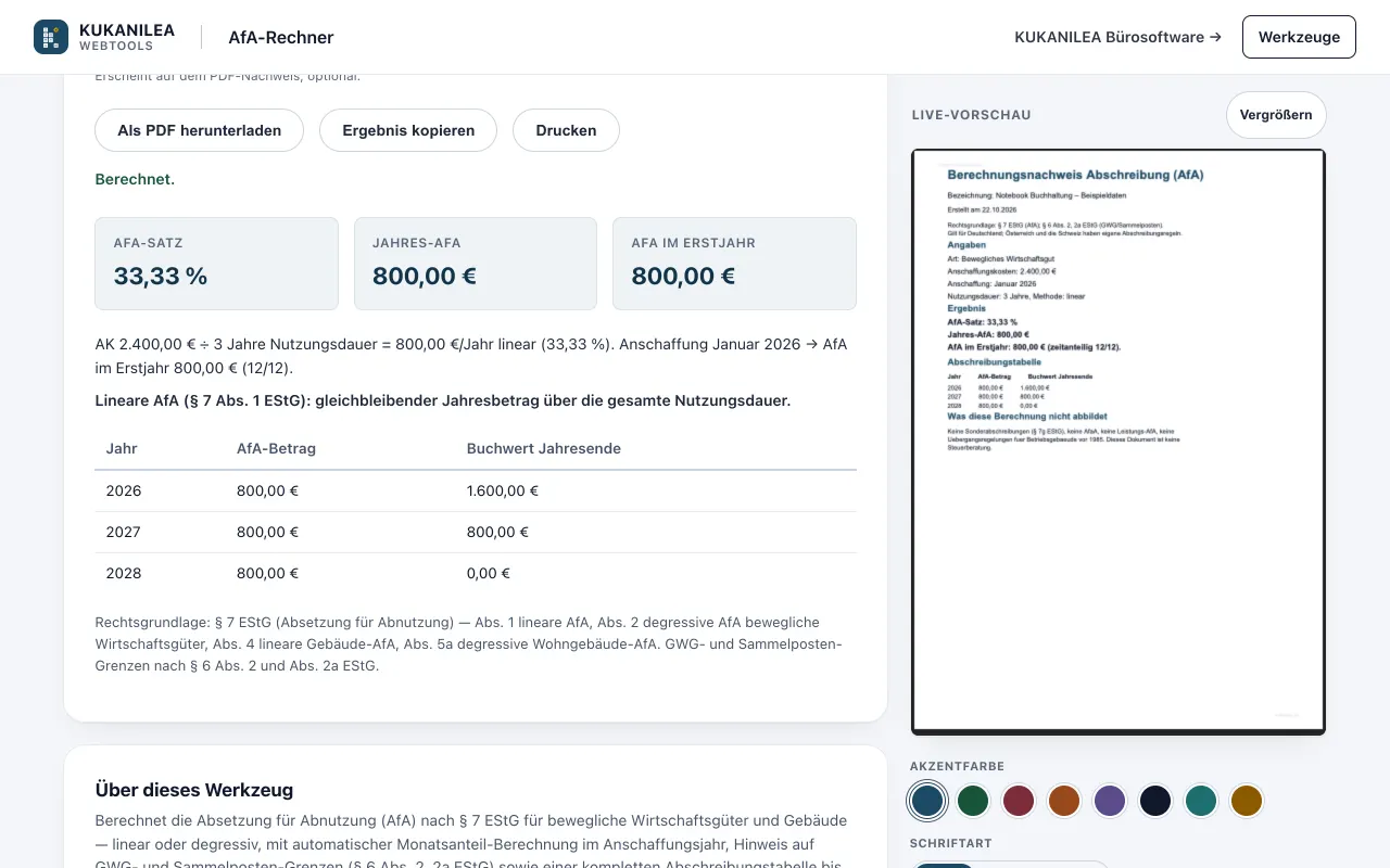 Anwendungsansicht von AfA-Rechner