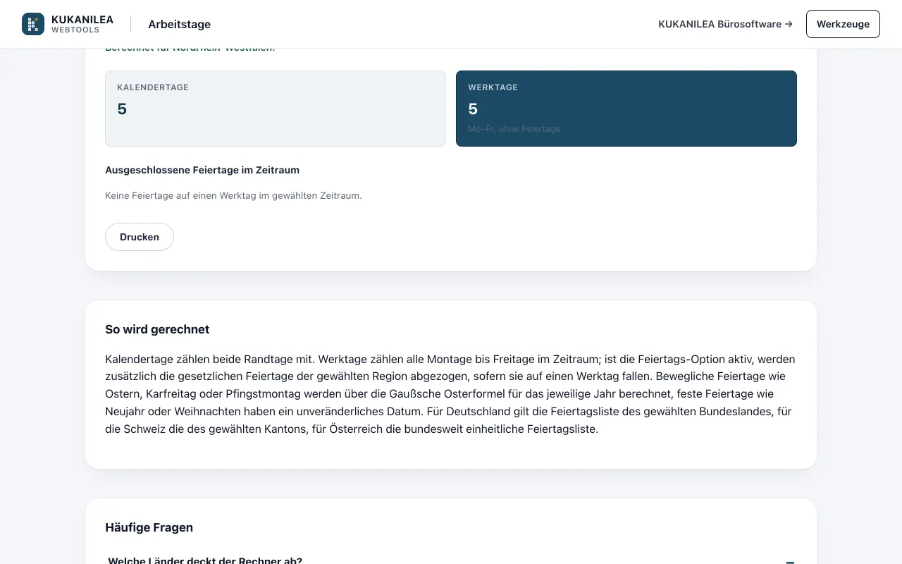 Anwendungsansicht von Arbeitstage-Rechner