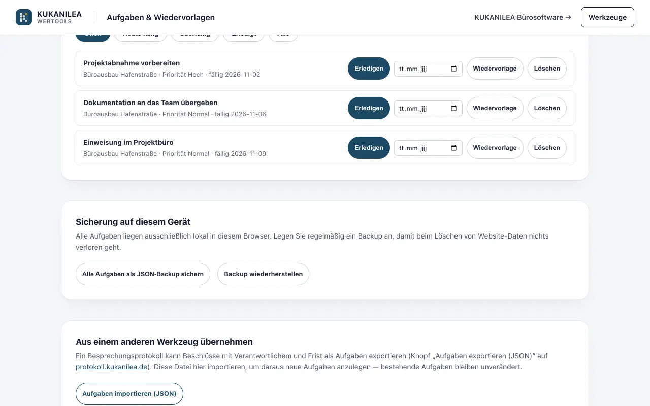 Anwendungsansicht von Aufgaben & Wiedervorlagen