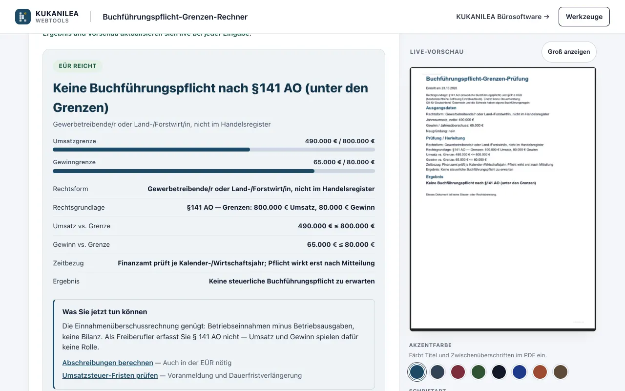 Anwendungsansicht von Buchführungspflicht-Rechner