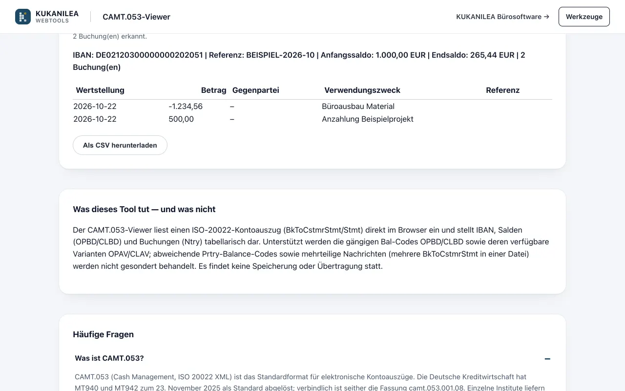 Anwendungsansicht von CAMT.053-Viewer