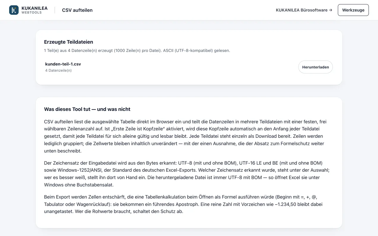 Anwendungsansicht von CSV aufteilen