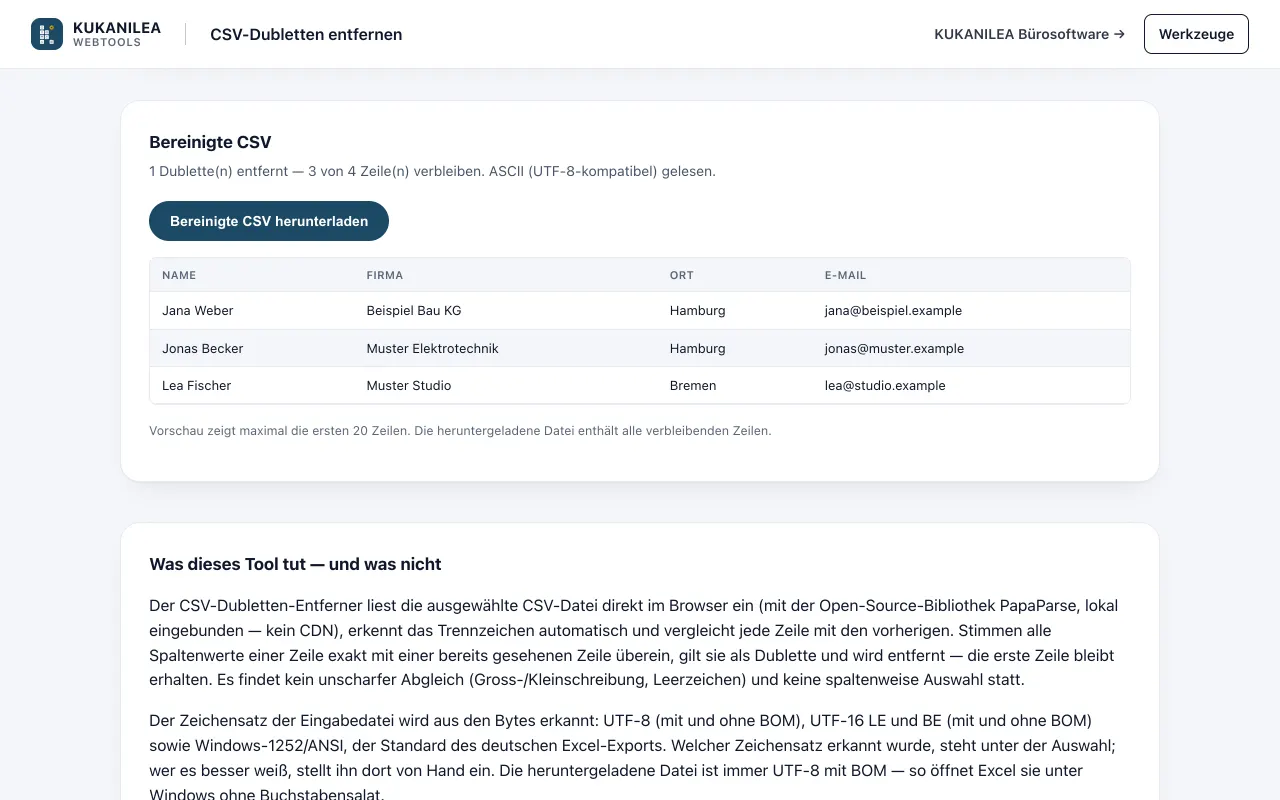 Anwendungsansicht von CSV-Dubletten entfernen