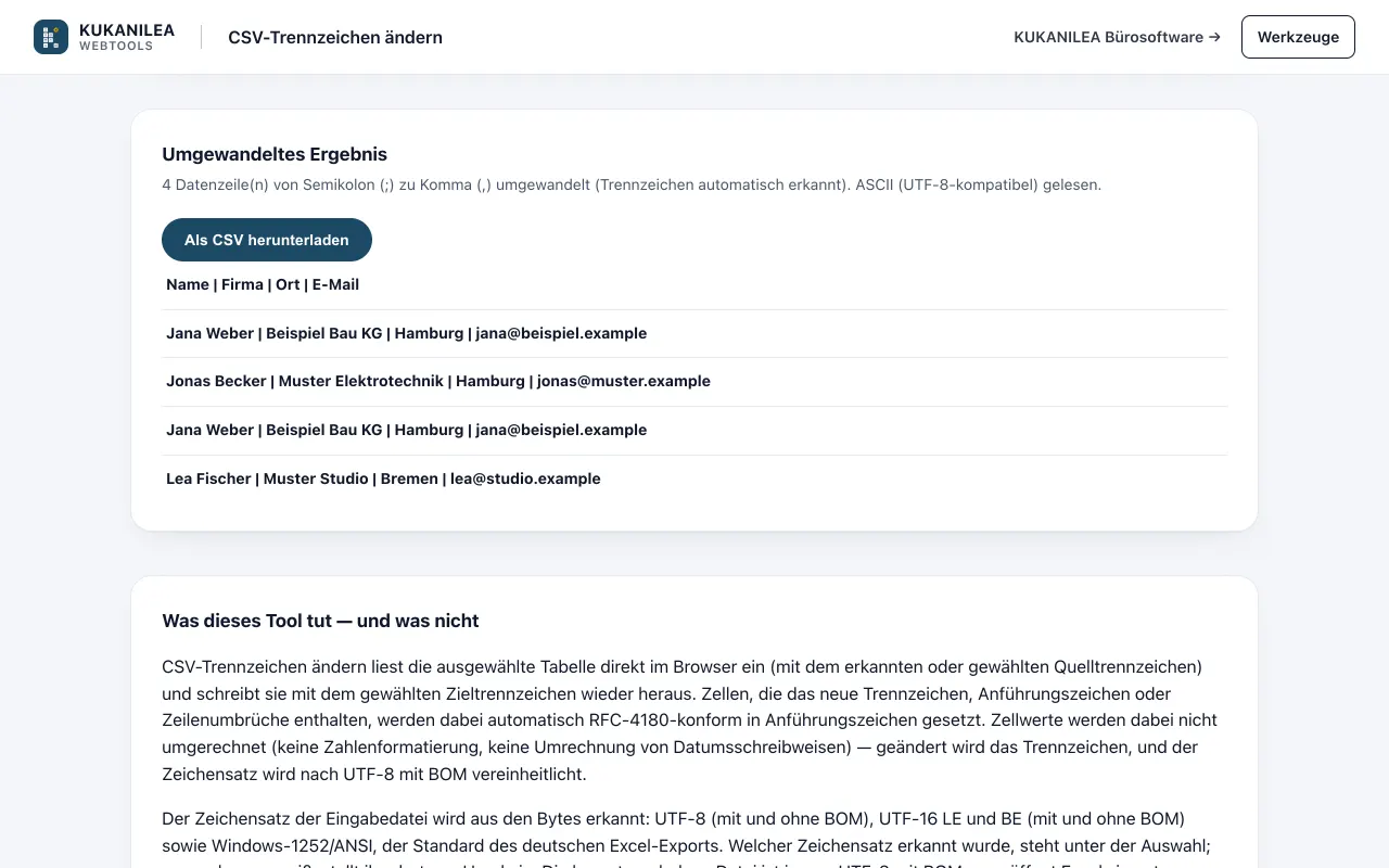 Anwendungsansicht von CSV-Trennzeichen ändern