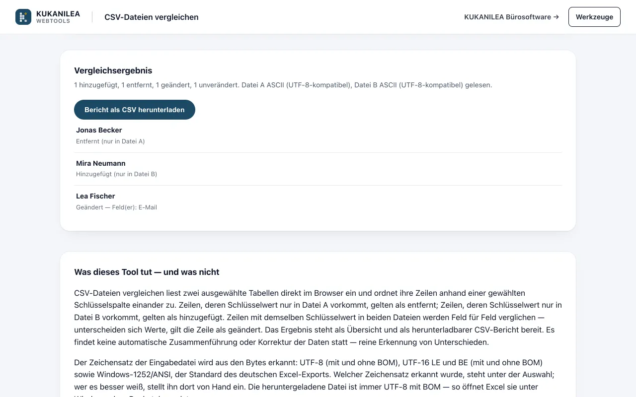 Anwendungsansicht von CSV-Dateien vergleichen
