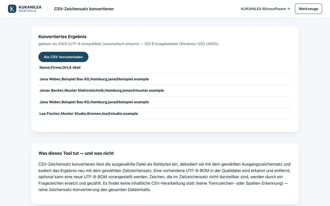 Anwendungsansicht von CSV-Zeichensatz konvertieren