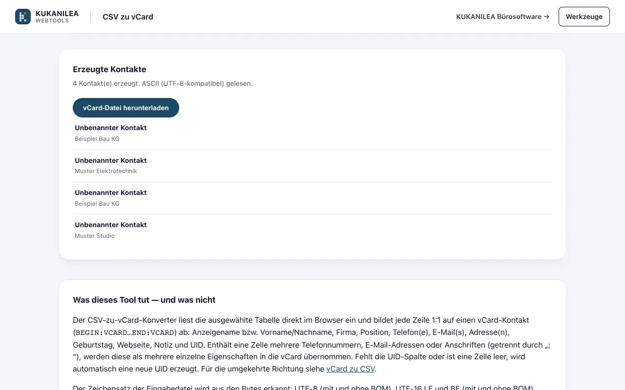 Anwendungsansicht von CSV zu vCard