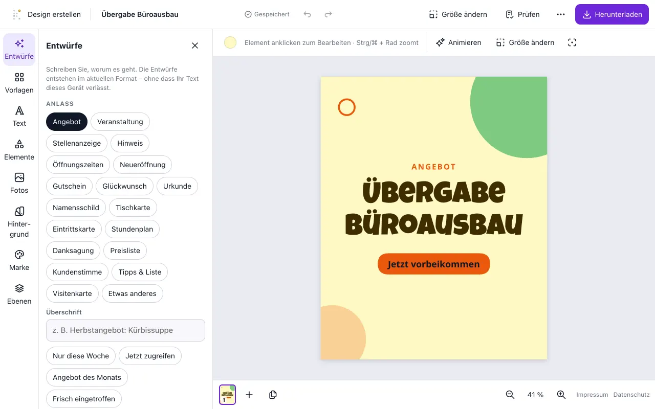 Anwendungsansicht von Design erstellen