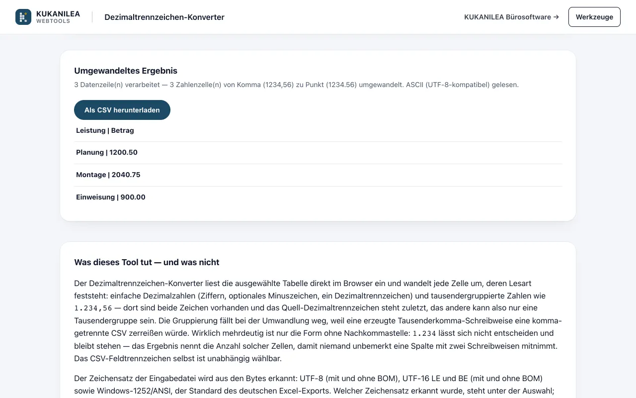 Anwendungsansicht von Dezimaltrennzeichen-Konverter