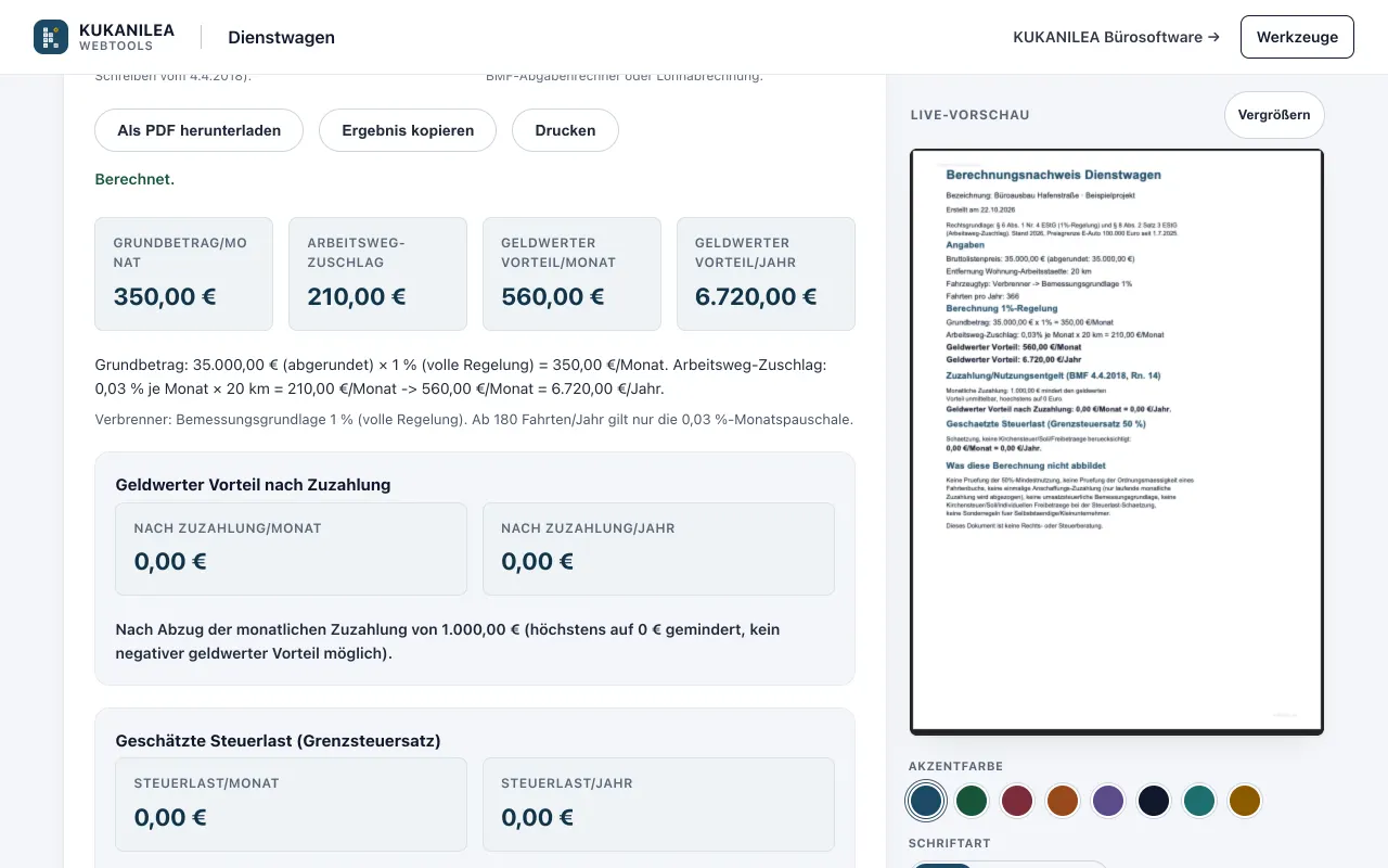 Anwendungsansicht von Dienstwagenrechner