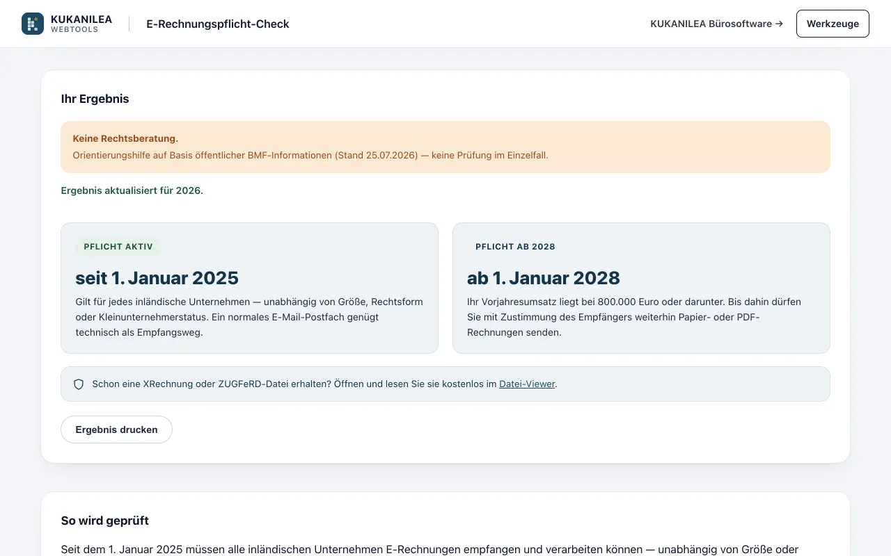 Anwendungsansicht von E-Rechnungspflicht-Check