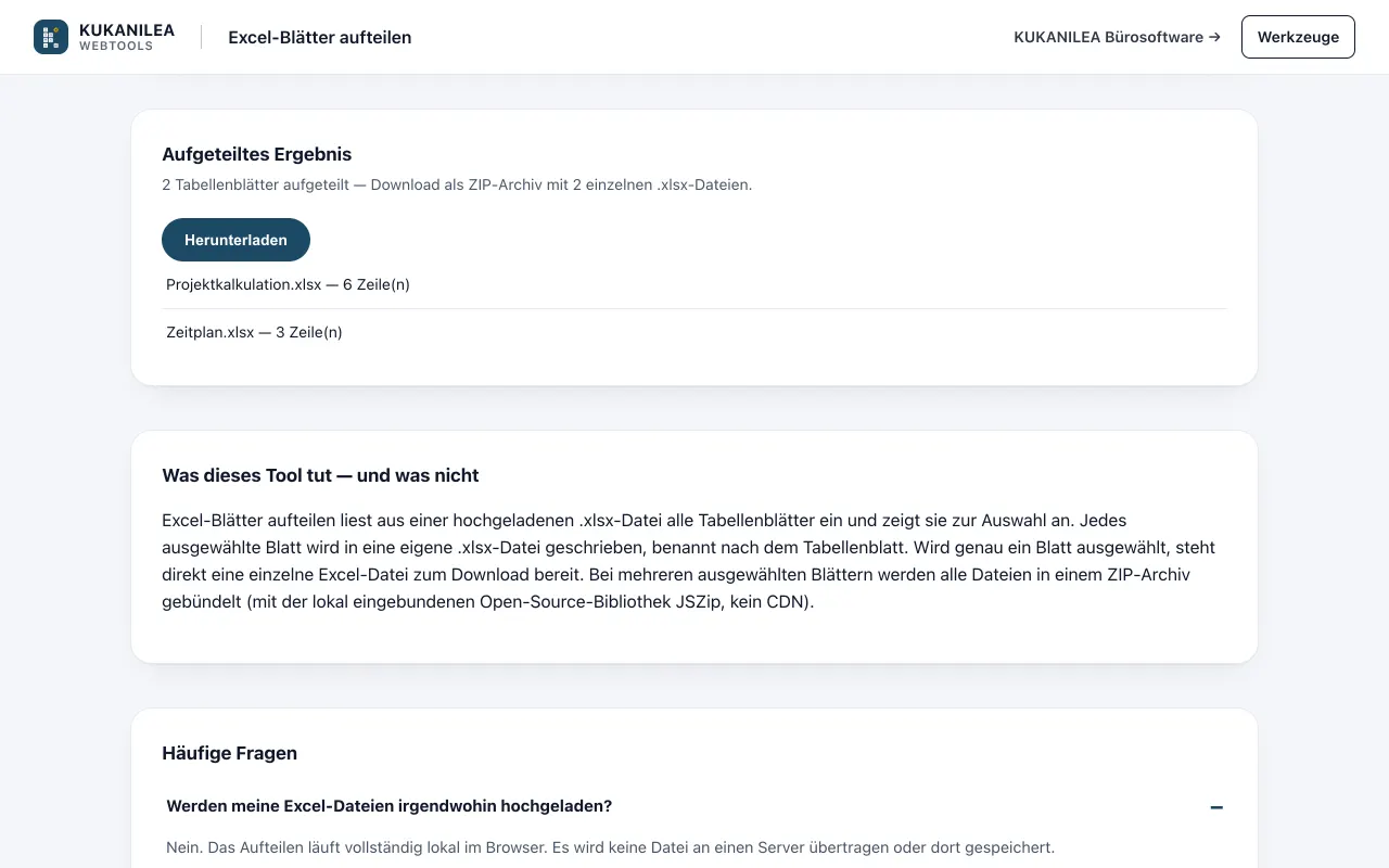 Anwendungsansicht von Excel-Blätter aufteilen