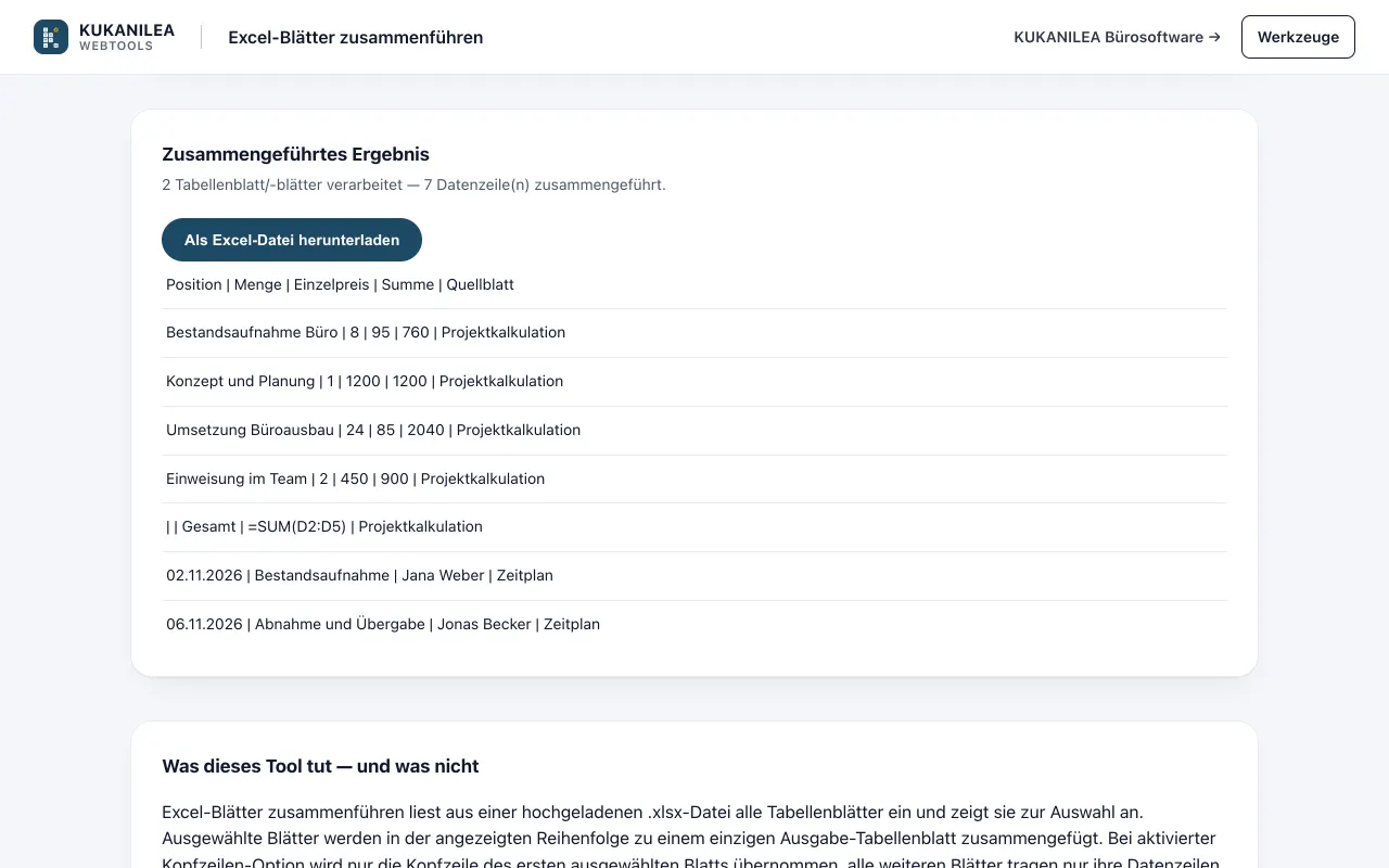 Anwendungsansicht von Excel-Blätter zusammenführen