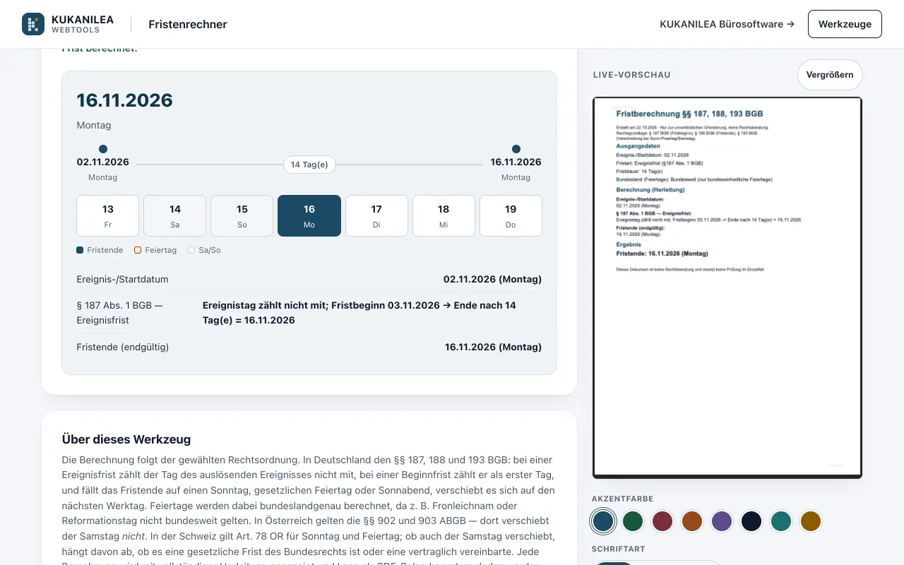 Anwendungsansicht von Fristenrechner