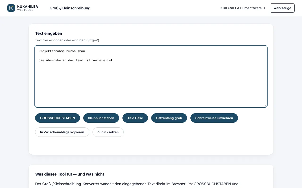 Anwendungsansicht von Groß-/Kleinschreibung