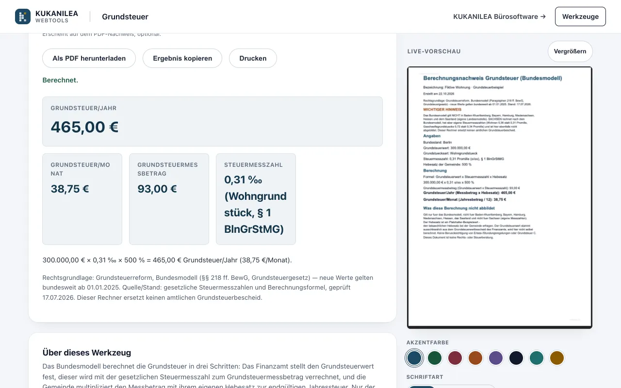 Anwendungsansicht von Grundsteuer-Rechner