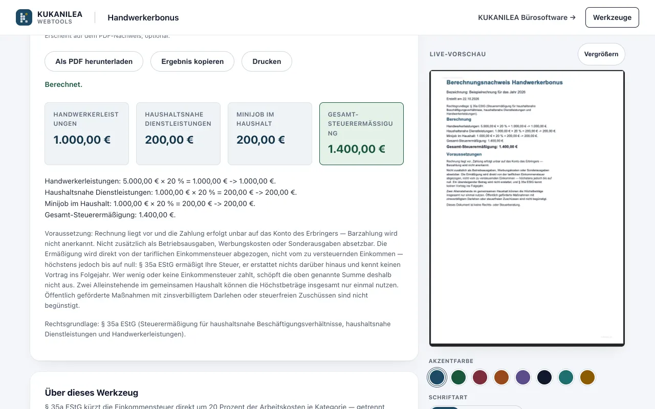 Anwendungsansicht von Handwerkerbonus-Rechner