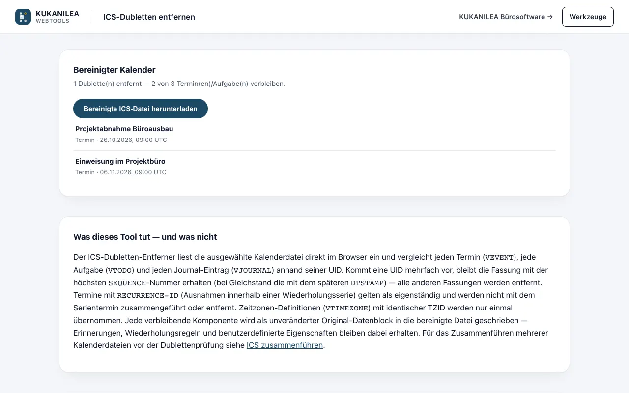 Anwendungsansicht von ICS-Dubletten entfernen