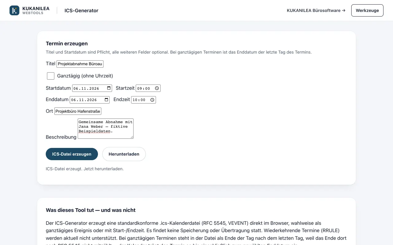Anwendungsansicht von ICS-Generator