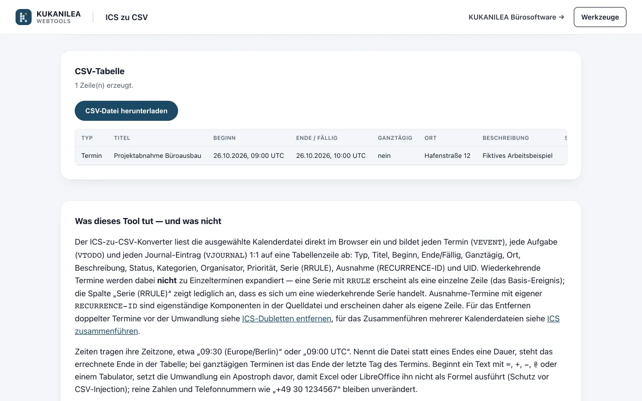 Anwendungsansicht von ICS zu CSV
