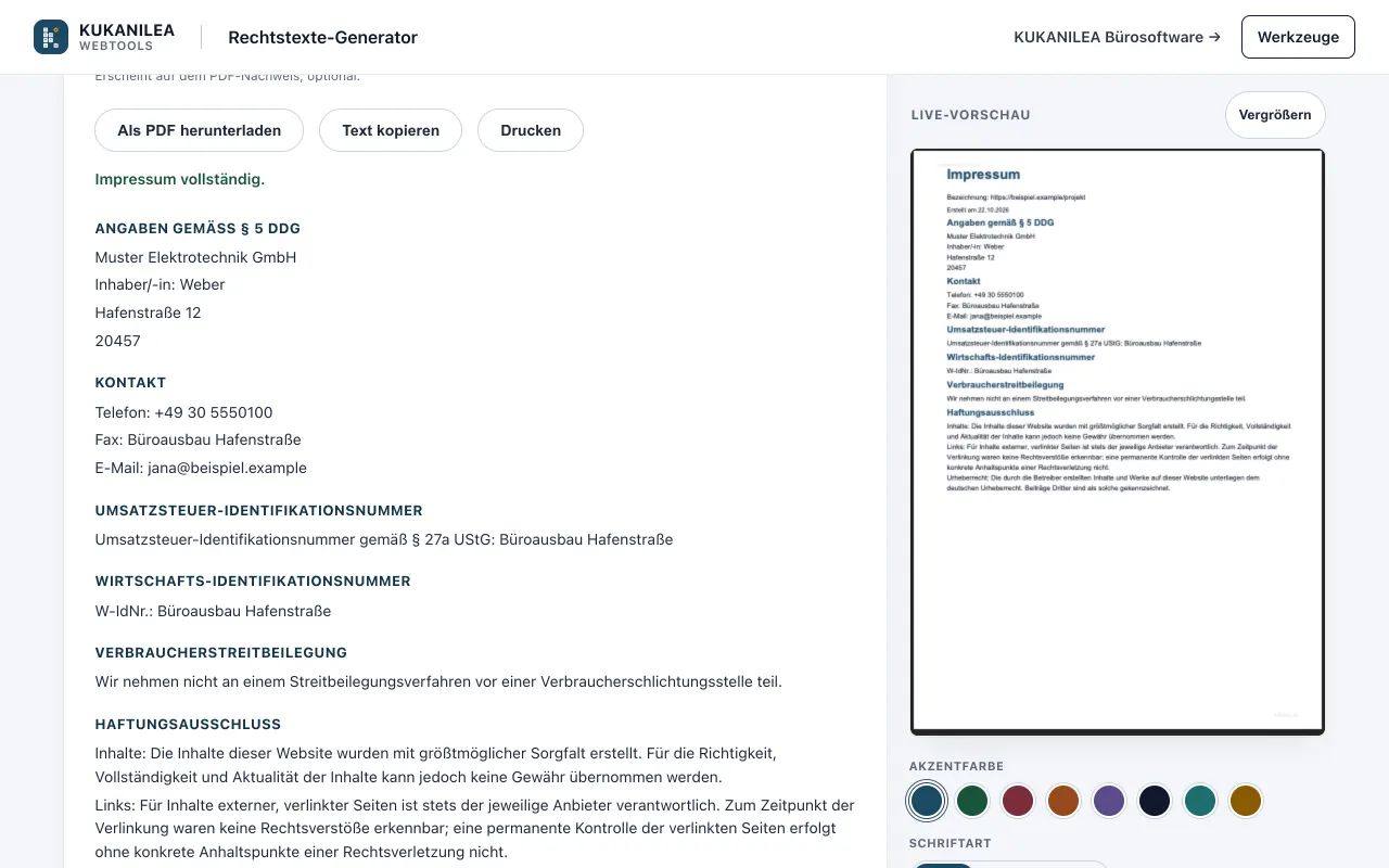 Anwendungsansicht von Impressum & Rechtstexte