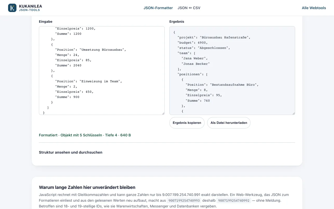 Anwendungsansicht von JSON & CSV