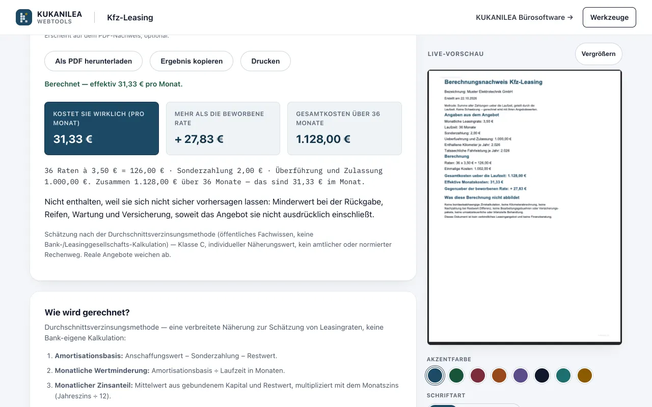 Anwendungsansicht von Kfz-Leasingrechner