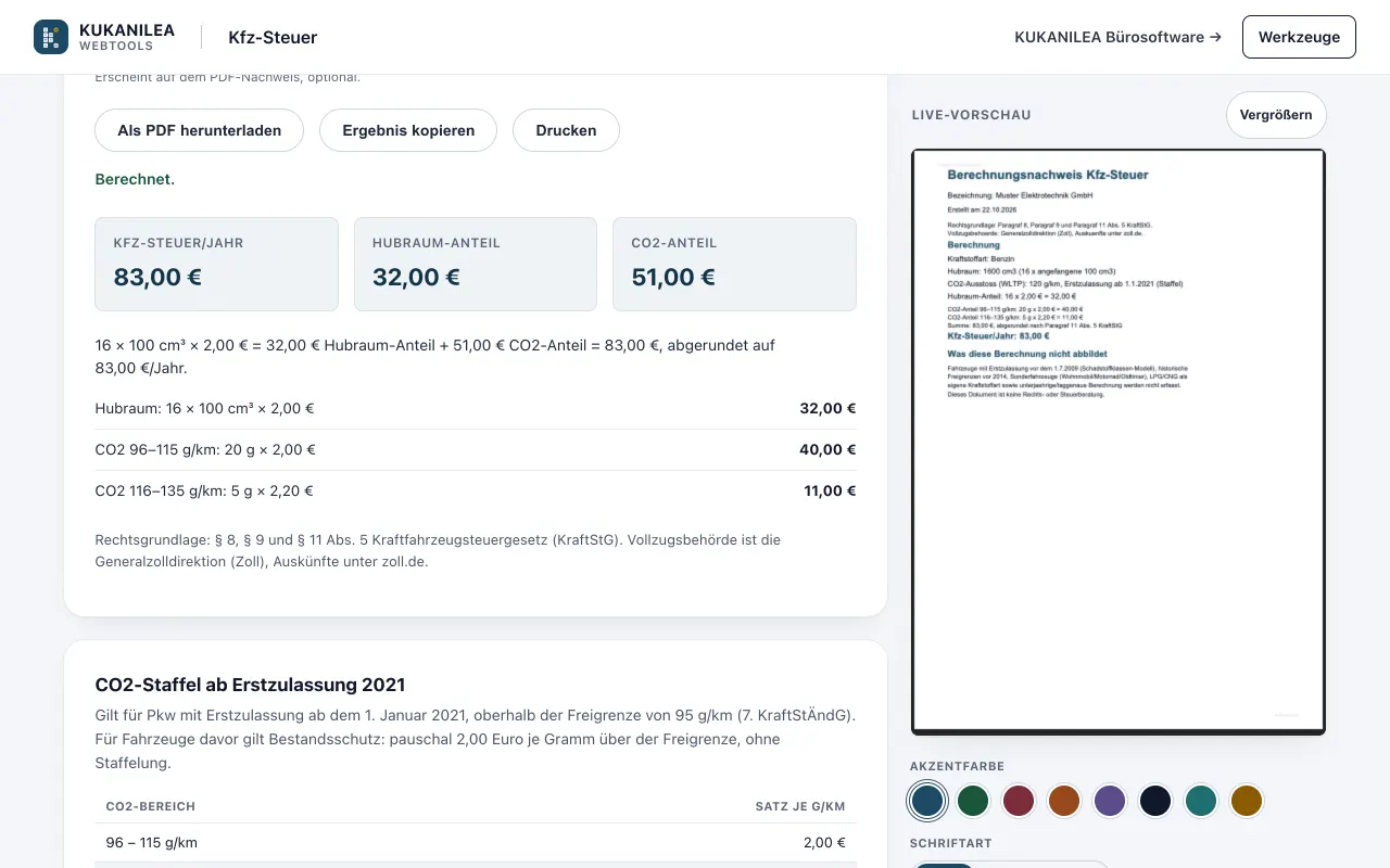 Anwendungsansicht von Kfz-Steuer-Rechner