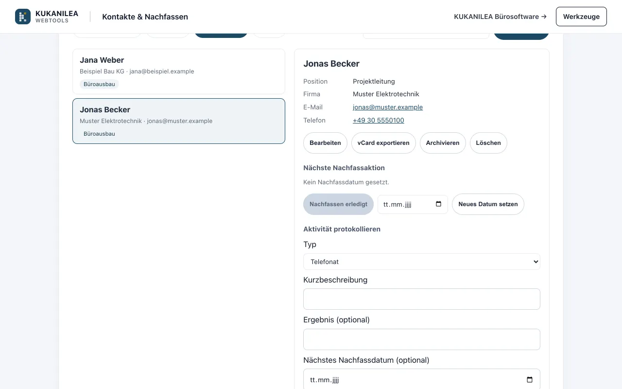Anwendungsansicht von Kontakte & Nachfassen