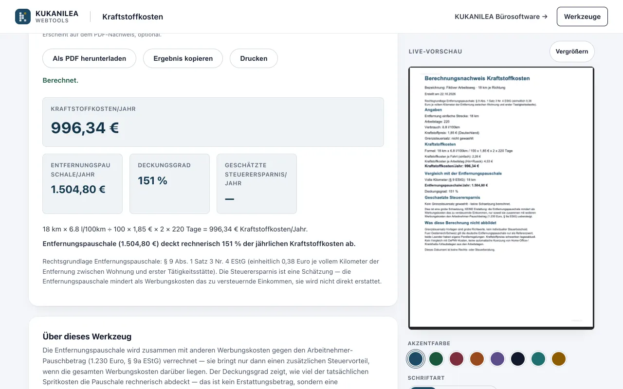Anwendungsansicht von Kraftstoffkosten-Rechner