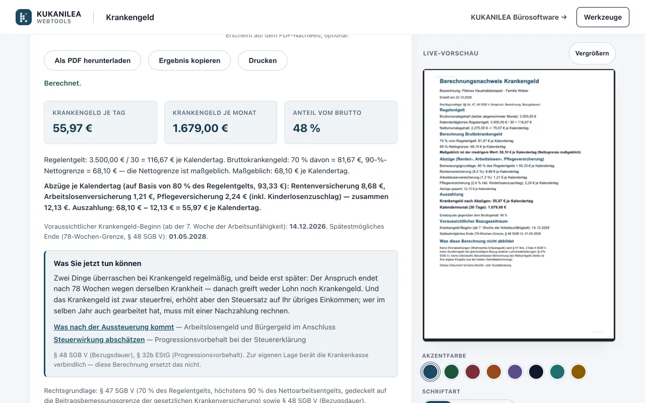 Anwendungsansicht von Krankengeld-Rechner