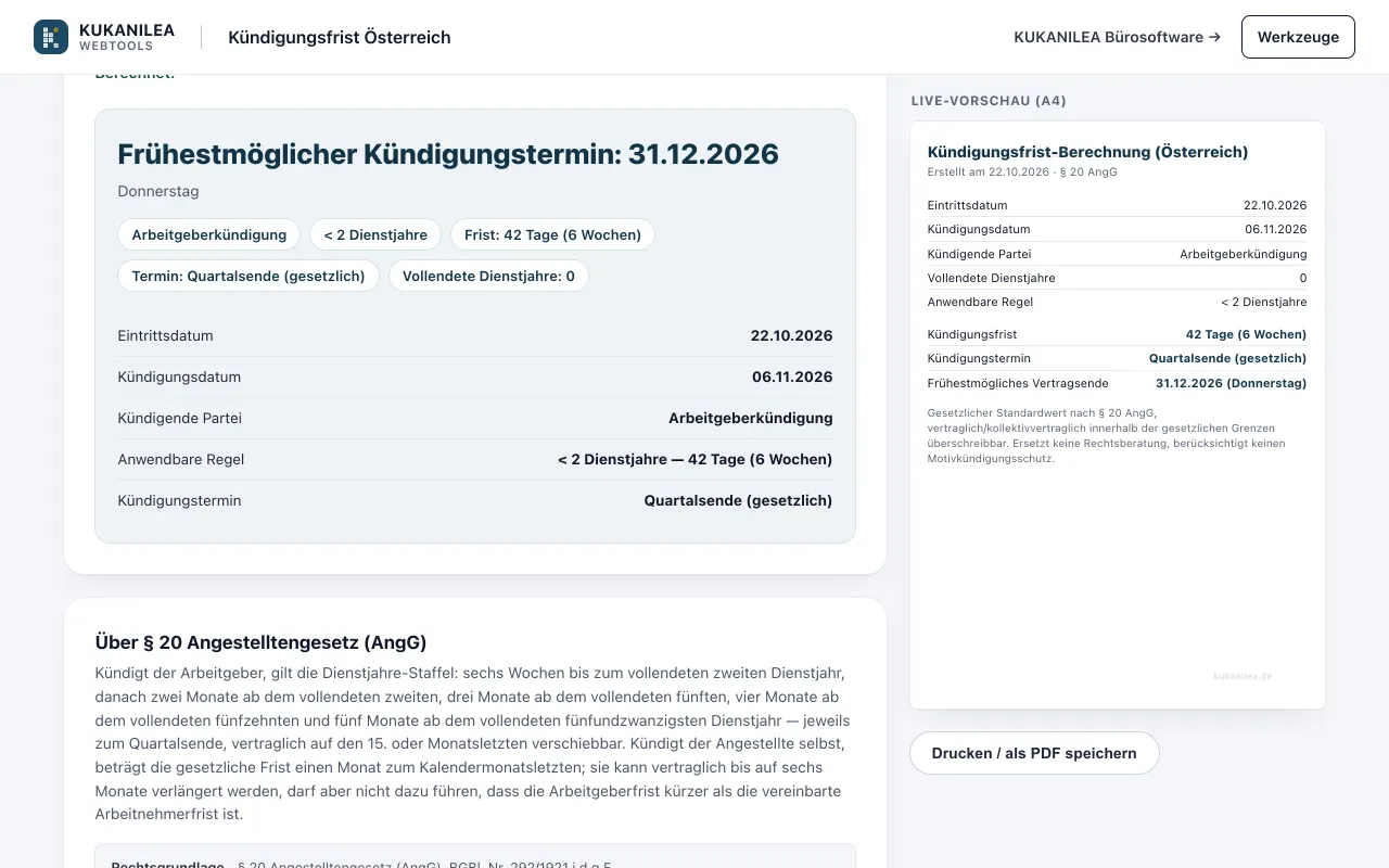Anwendungsansicht von Kündigungsfrist Österreich