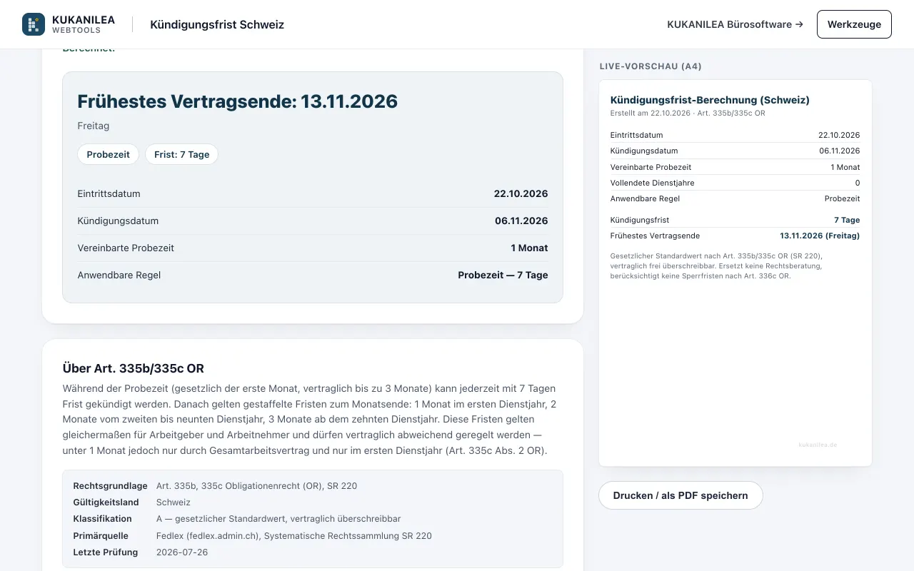 Anwendungsansicht von Kündigungsfrist Schweiz