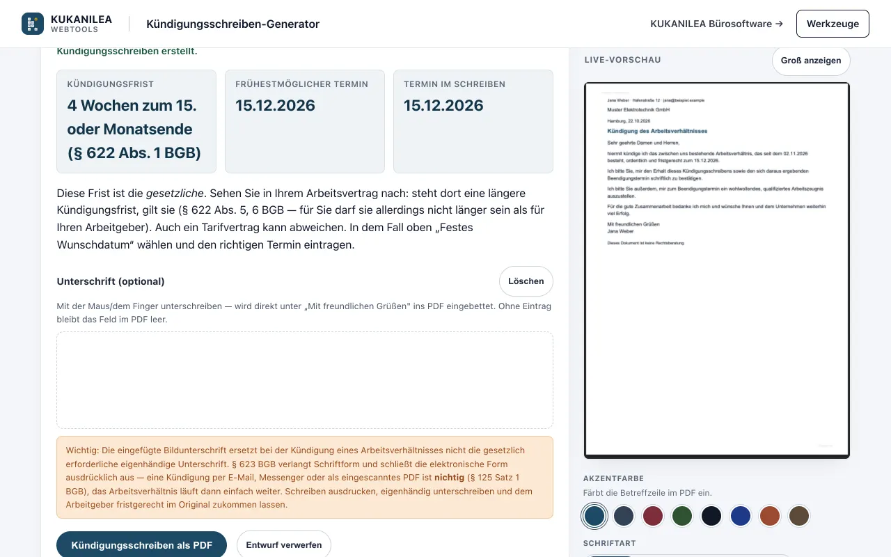 Anwendungsansicht von Kündigungsschreiben-Generator