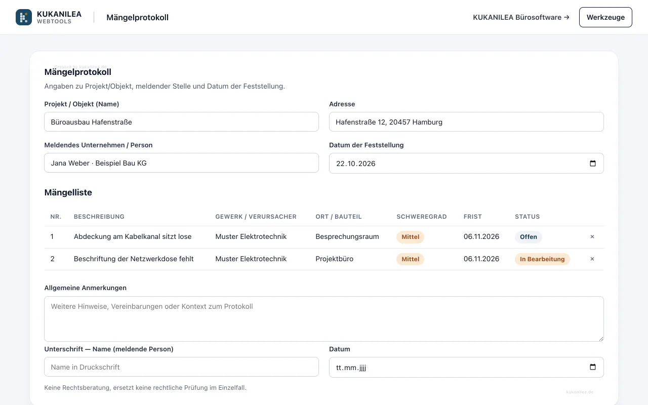 Anwendungsansicht von Mängelprotokoll-Generator