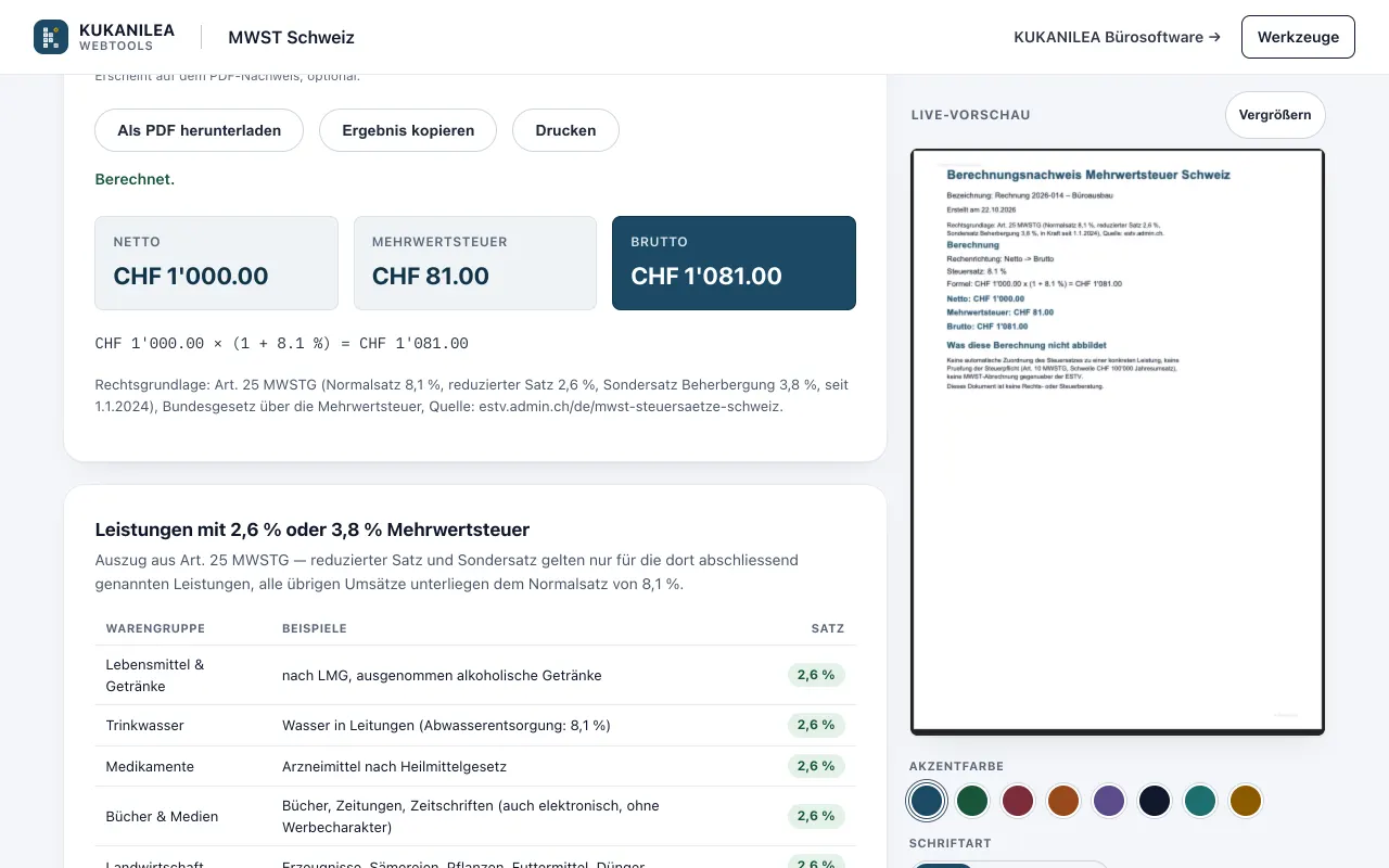 Anwendungsansicht von MWST-Rechner Schweiz