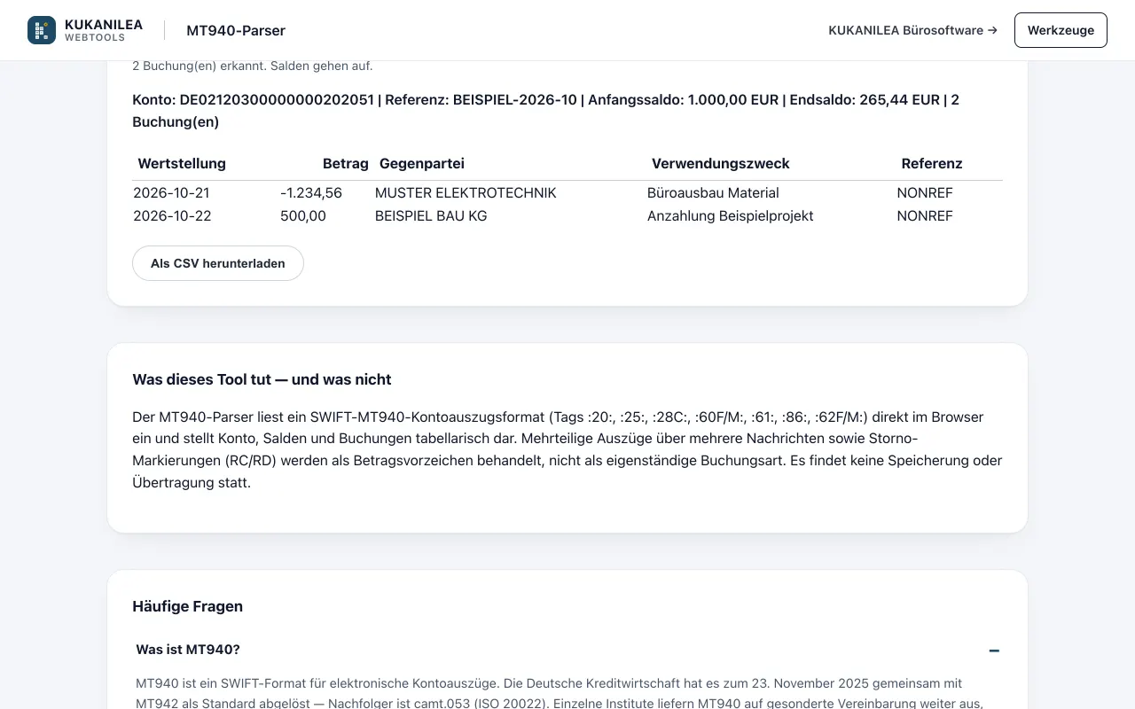 Anwendungsansicht von MT940-Parser