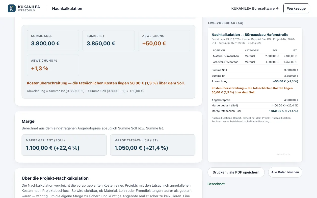 Anwendungsansicht von Projekt-Nachkalkulation