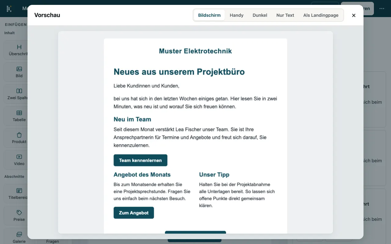 Anwendungsansicht von Newsletter